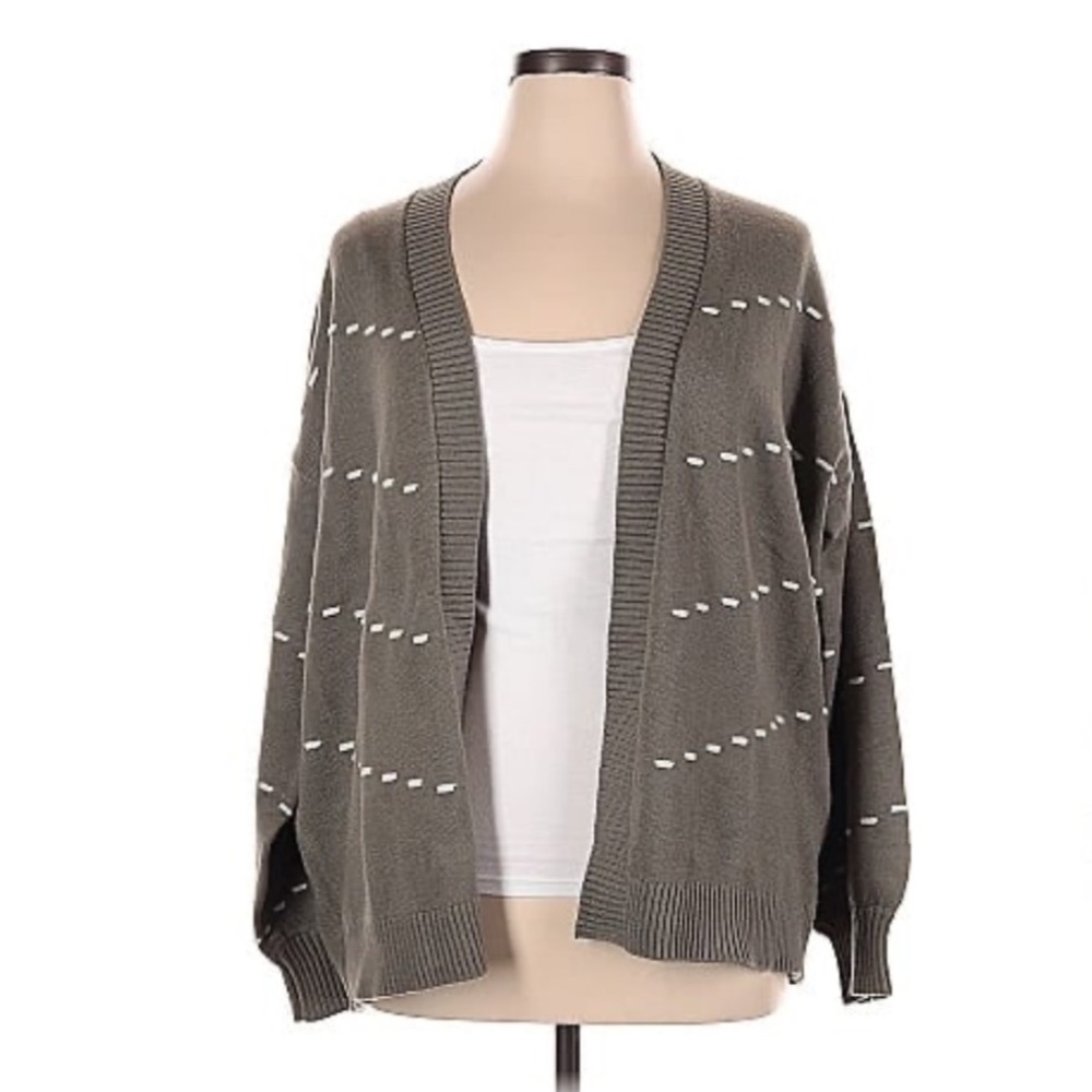 Les Serein Womens XL Cardigan Olive Green Stripe Open‎ Front Knit